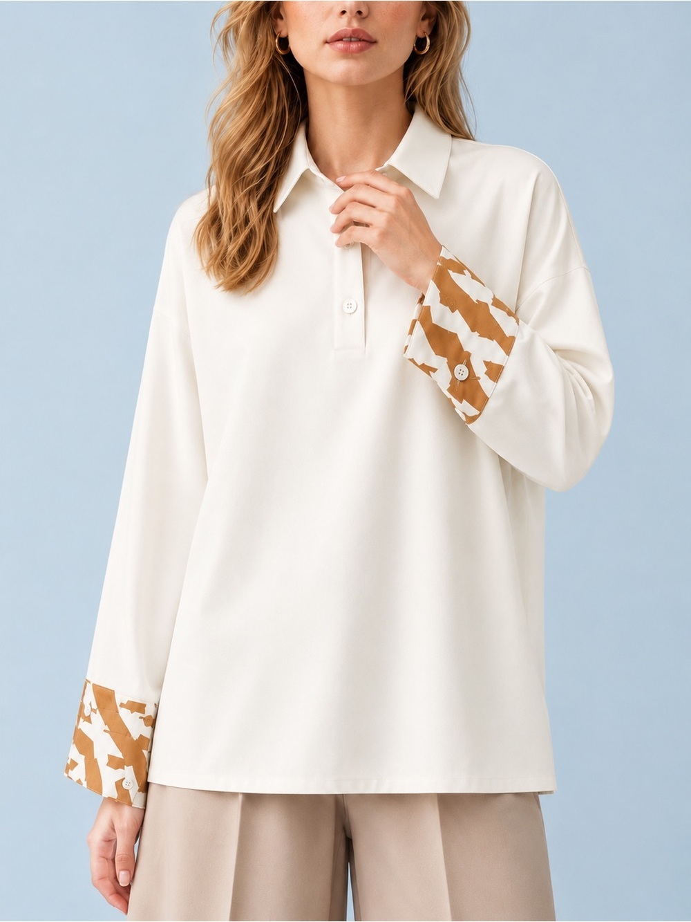 HEGAZY NWT Chic Modest Ivory Oversized Blouse Geometric Asymmetrical Cuffs O/S